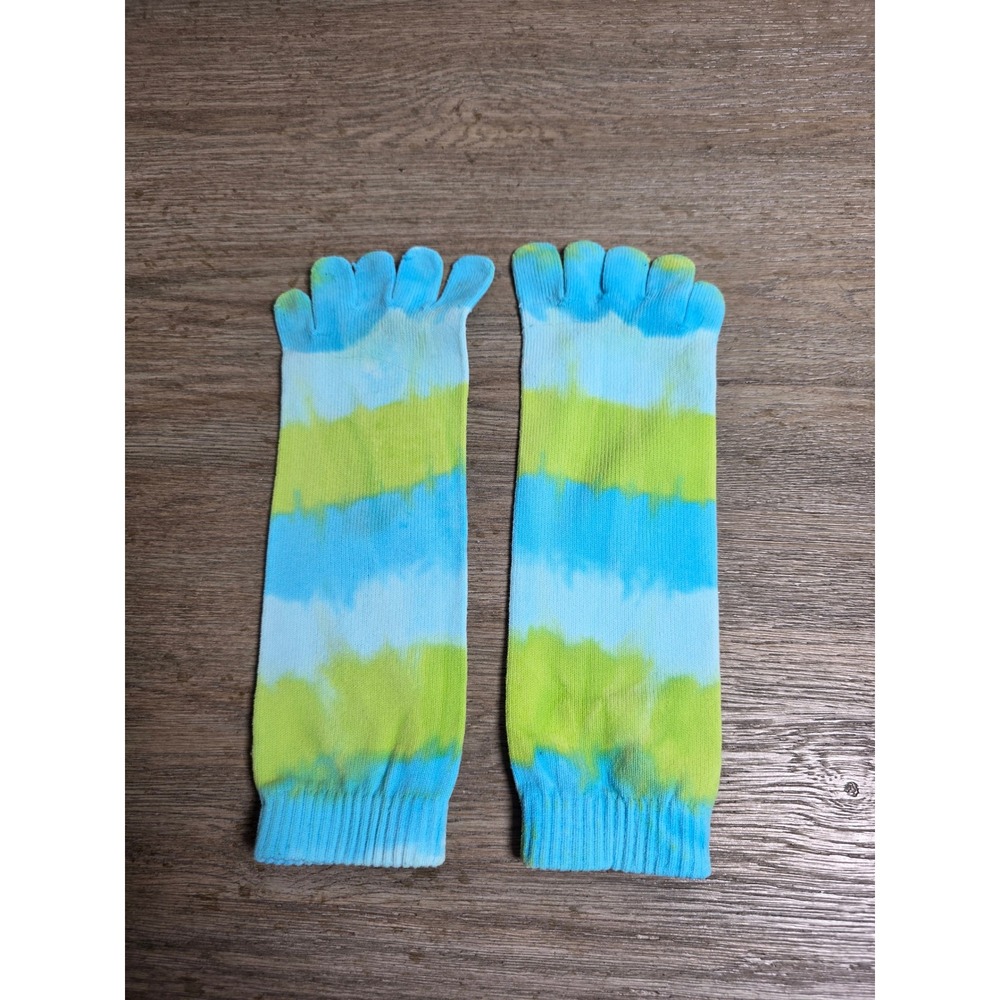 Toe Socks Tie-Die Pattern Ribbed Cuff Blue Green Small